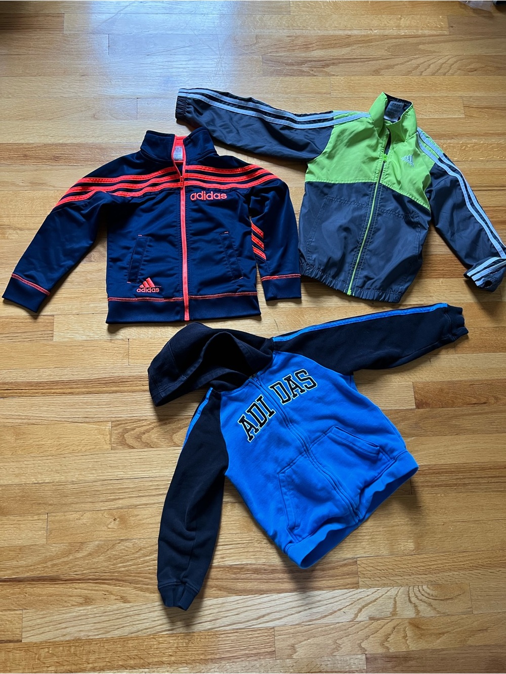 Lot of 3 adidas 4T Jackets: Navy/Orange & Gray/Lime Track Jkt, Blue/Black Hoodie - Picture 2 of 12